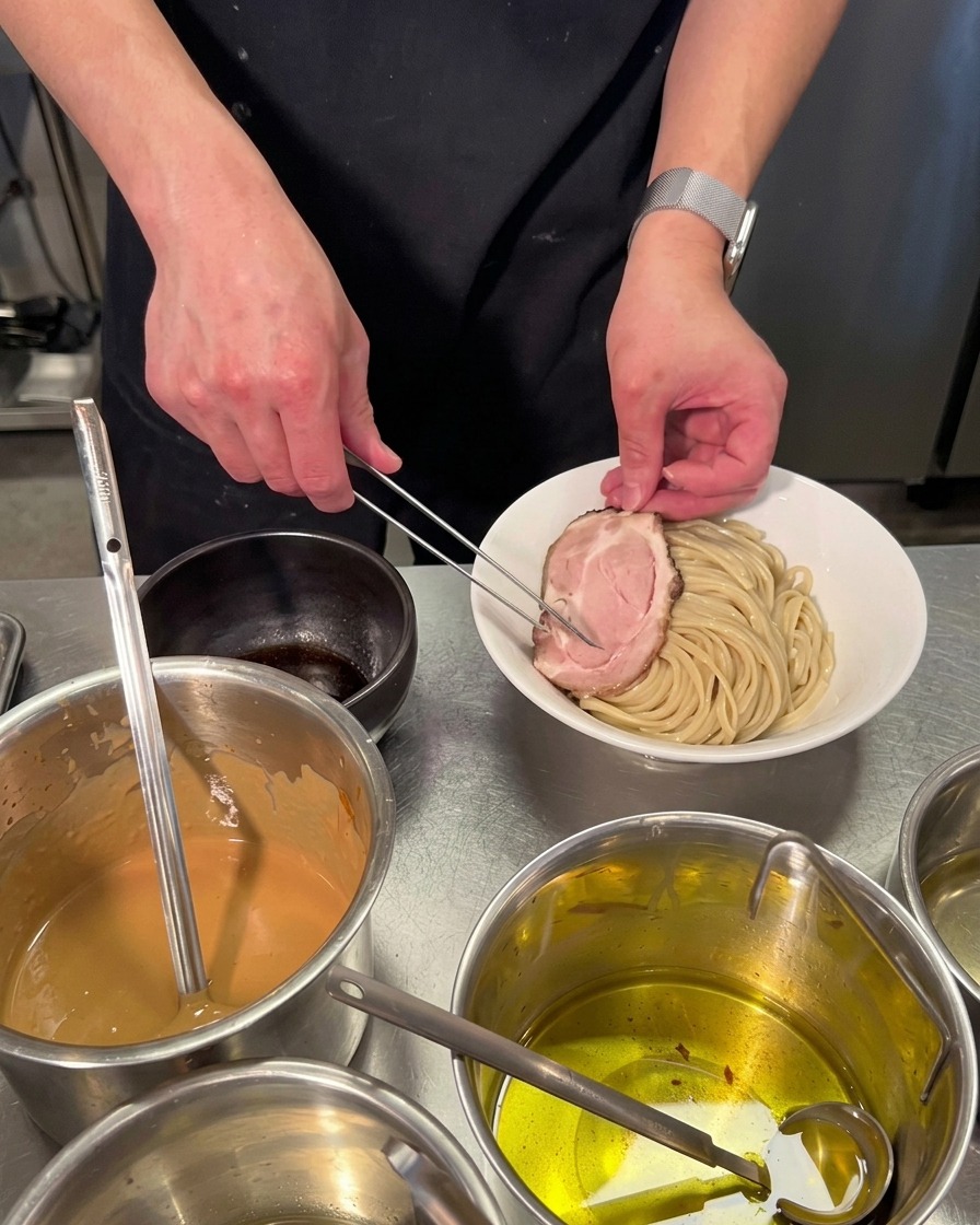 Utilisation dune pince fine en argent pour déposer une tranche ronde de porc chashu sur un bol de nouilles épaisses joliment disposées.