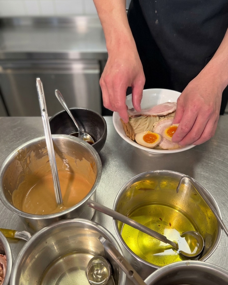 Gros plan sur des mains déposant deux moitiés dun œuf de ramen mollet au jaune orangé coulant dans un bol blanc rempli de nouilles et de tranches de porc.