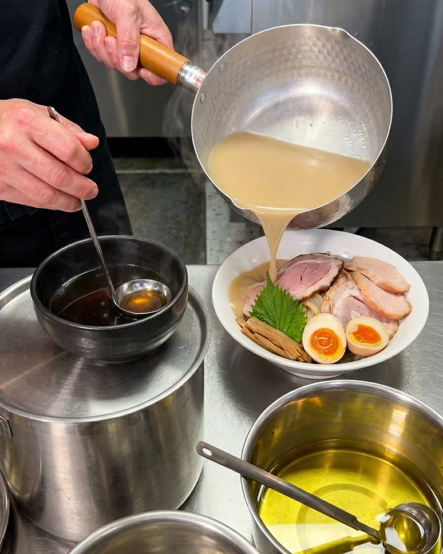 Une sauce de trempage chaude et brun crémeux est versée depuis une casserole en métal martelé dans un bol en céramique noire, à côté dun bol de nouilles entièrement garni.