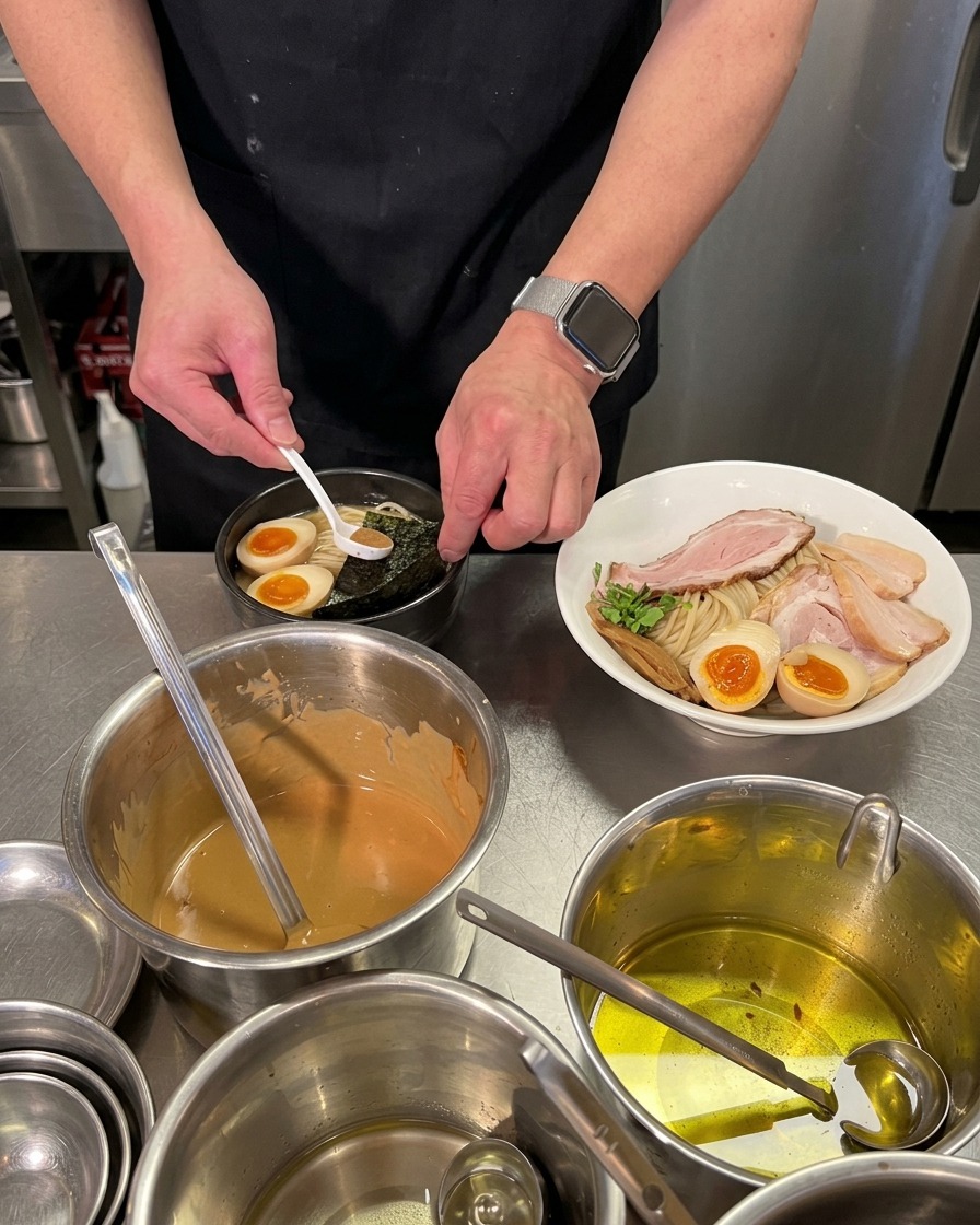 Une personne utilise une petite cuillère blanche pour déposer un tas de poudre de poisson brune sur un morceau dalgue séchée dans un bol de bouillon de ramen foncé.