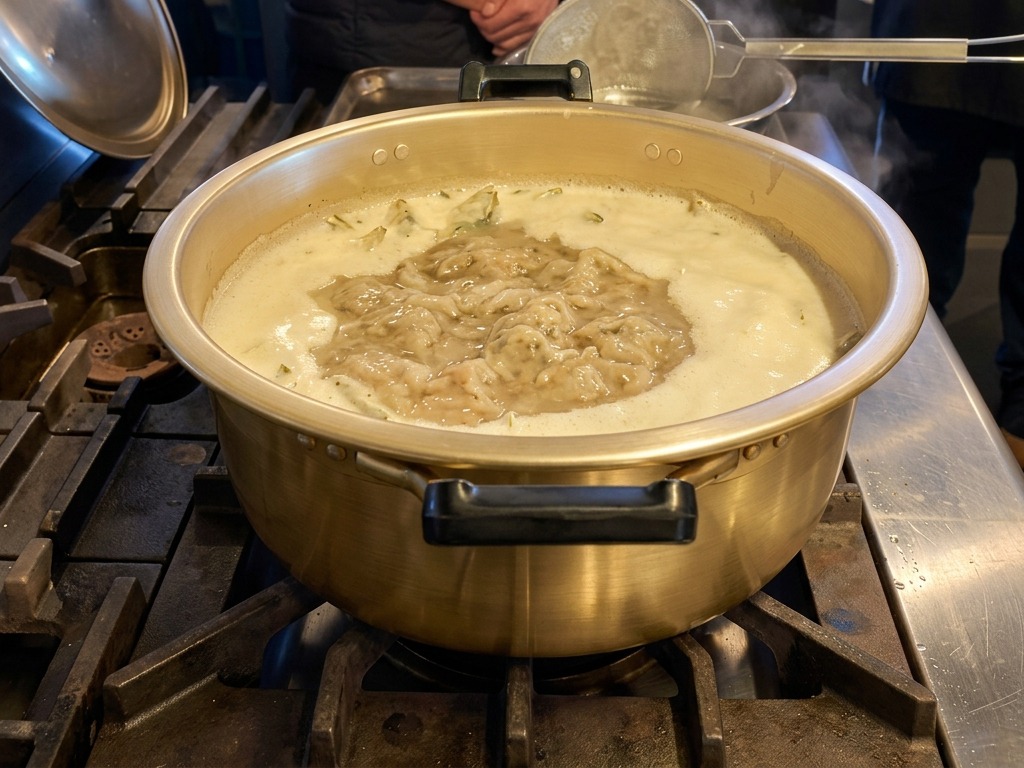 Morceaux de poisson séché et aromates frémissant dans un bouillon épais et blanc doré à lintérieur dune grande marmite.