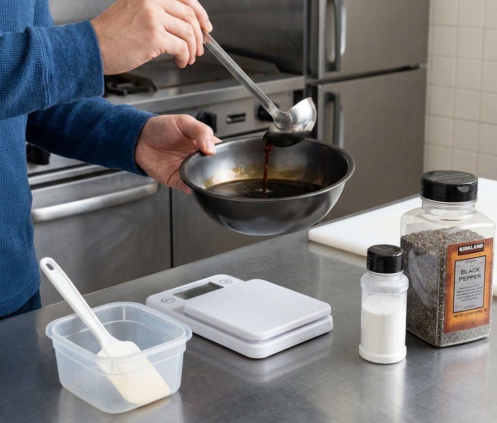Un chef versant une sauce sombre et brillante à base de soja dans un bol noir sur un plan de travail en acier inoxydable.