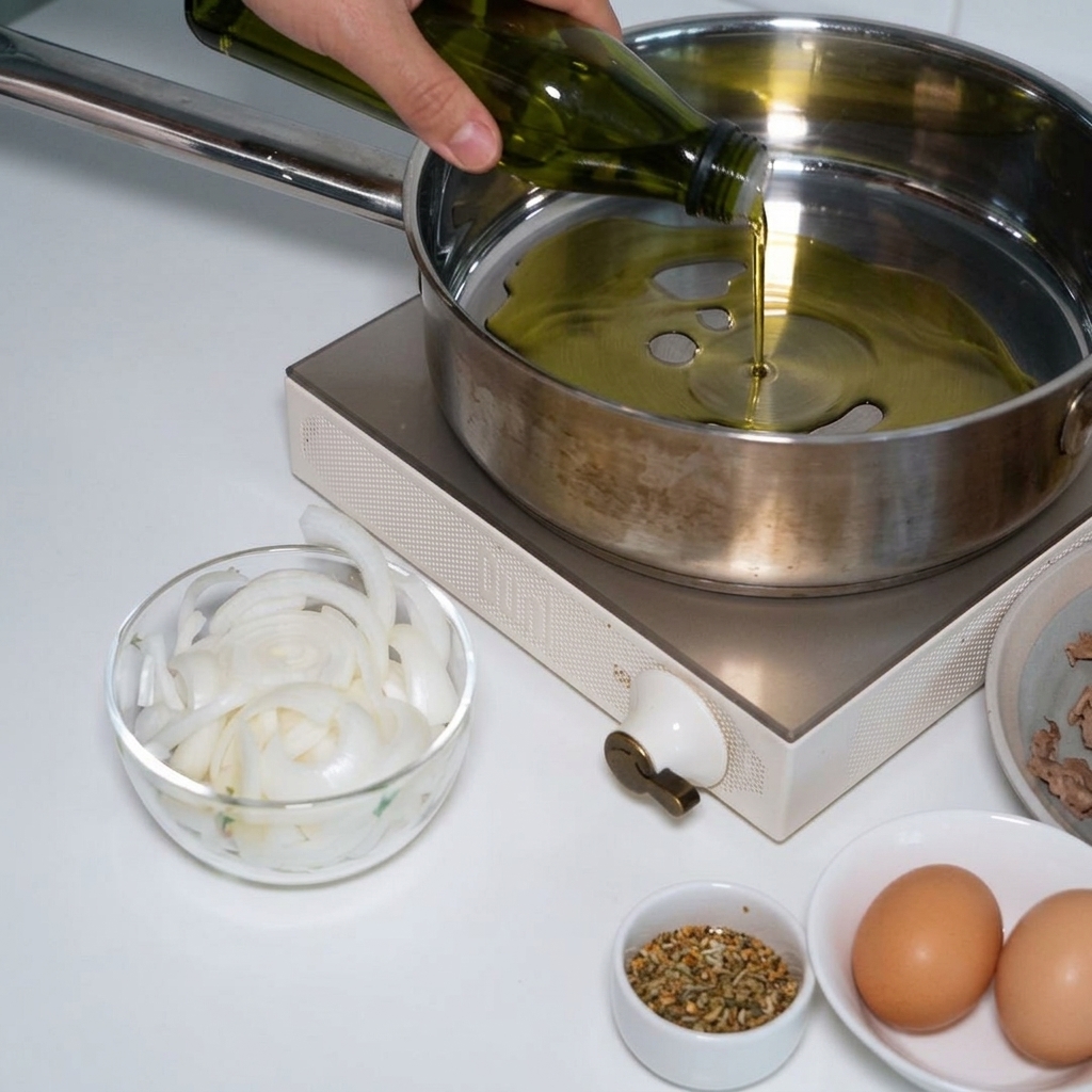 Une main verse de lhuile de cuisson dorée depuis une bouteille en verre dans une poêle en inox bien propre.