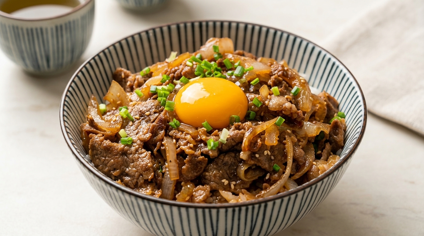 Un bol de Gyudon fumant garni de bœuf tendre, doignons caramélisés et dun jaune dœuf coulant sur un lit de riz blanc.