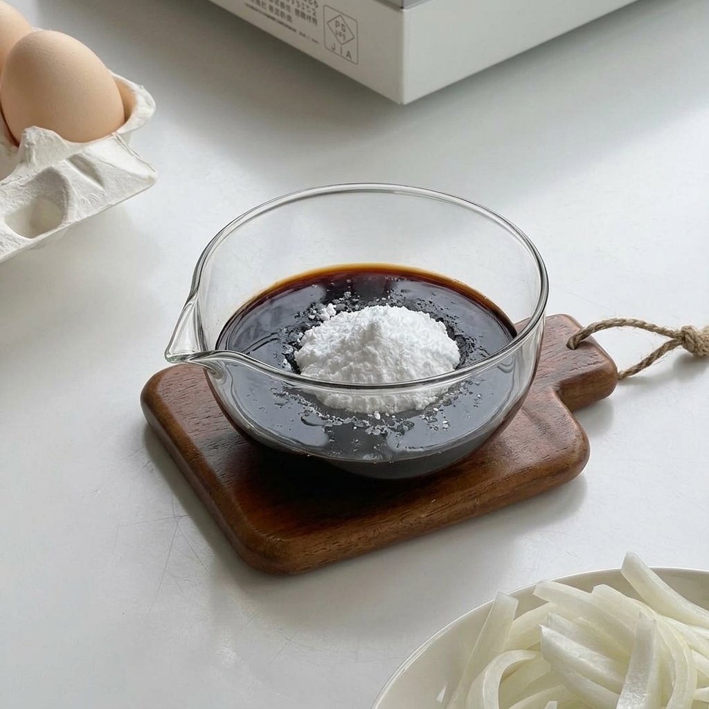 Un bol en verre contenant un mélange de sauce soja foncée et un petit tas de fécule de maïs blanche.