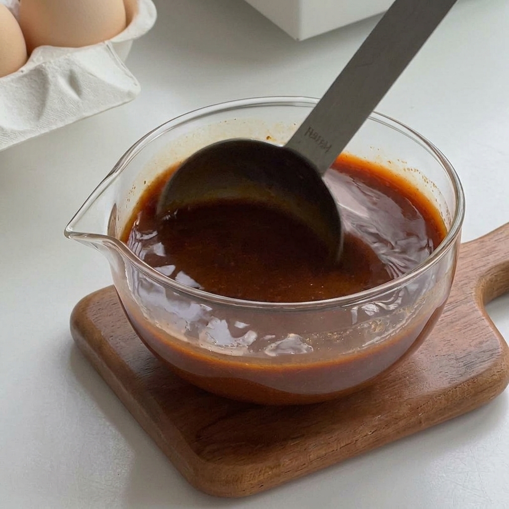 Une sauce brun foncé soigneusement mélangée avec une cuillère en métal dans un bol en verre.