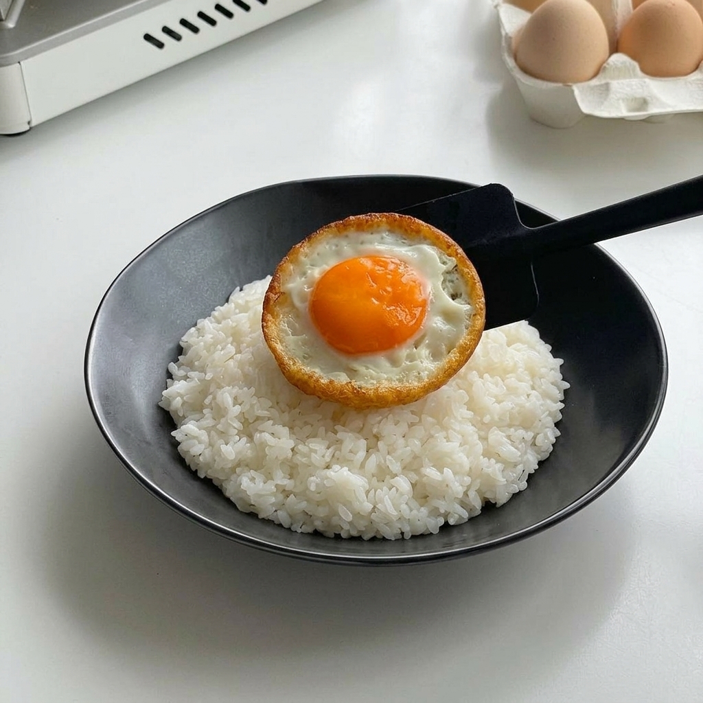 Un œuf au plat aux bords croustillants délicatement déposé sur un dôme de riz blanc dans un bol noir.