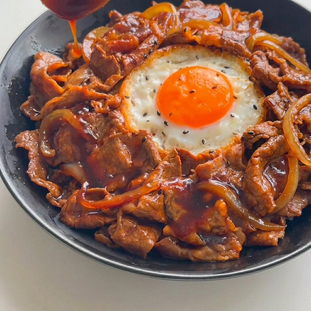 Sauce brune épaisse et brillante versée en filet sur un bol de bœuf cuit et son œuf au plat.