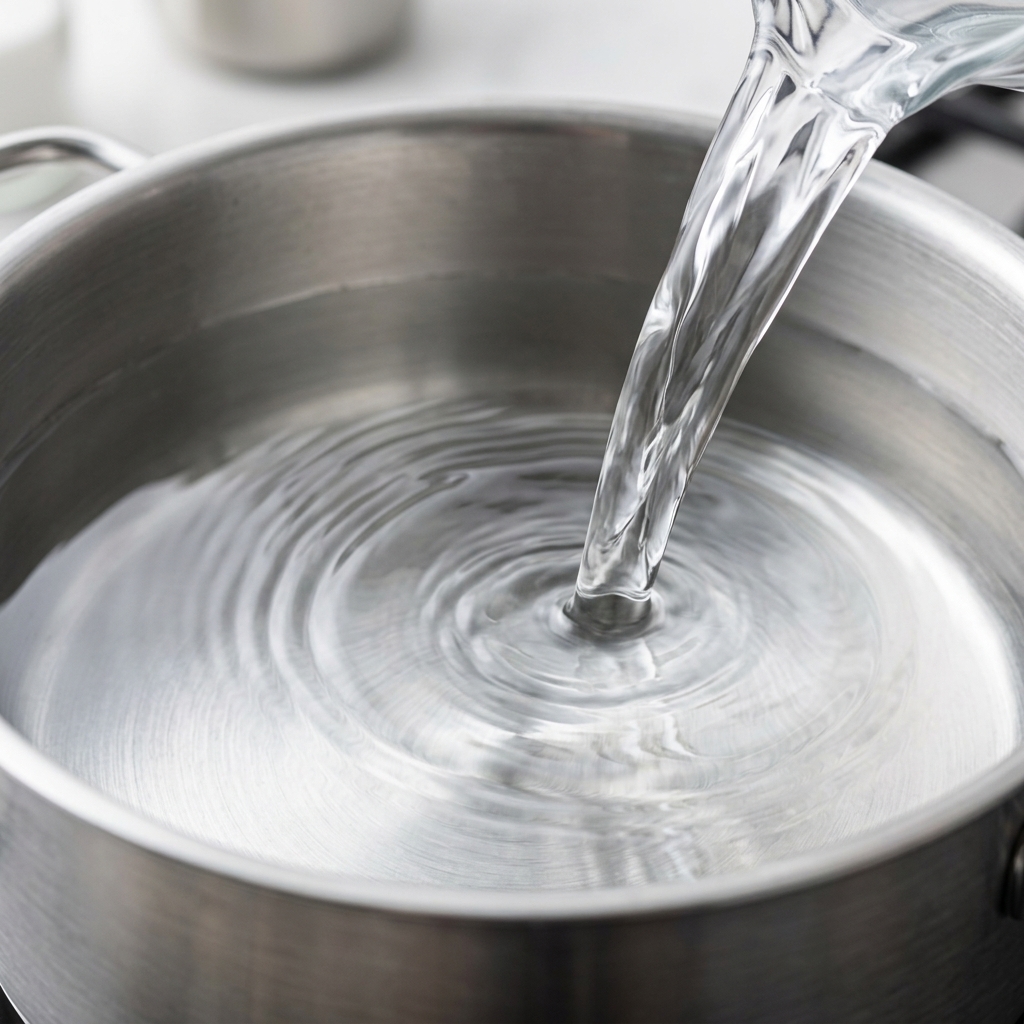 De leau claire versée depuis une carafe dans une casserole propre en acier inoxydable sur une cuisinière.