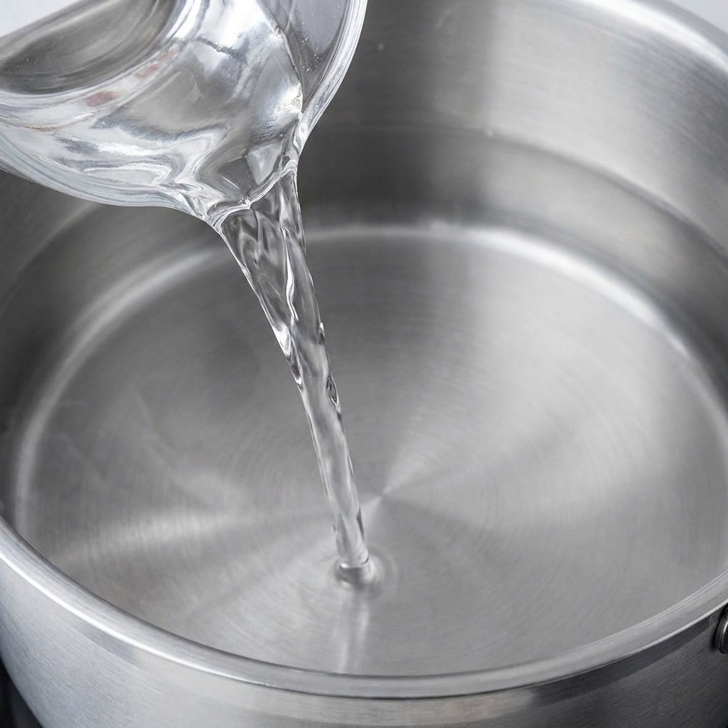 Du saké limpide versé depuis un récipient en verre dans une casserole deau.