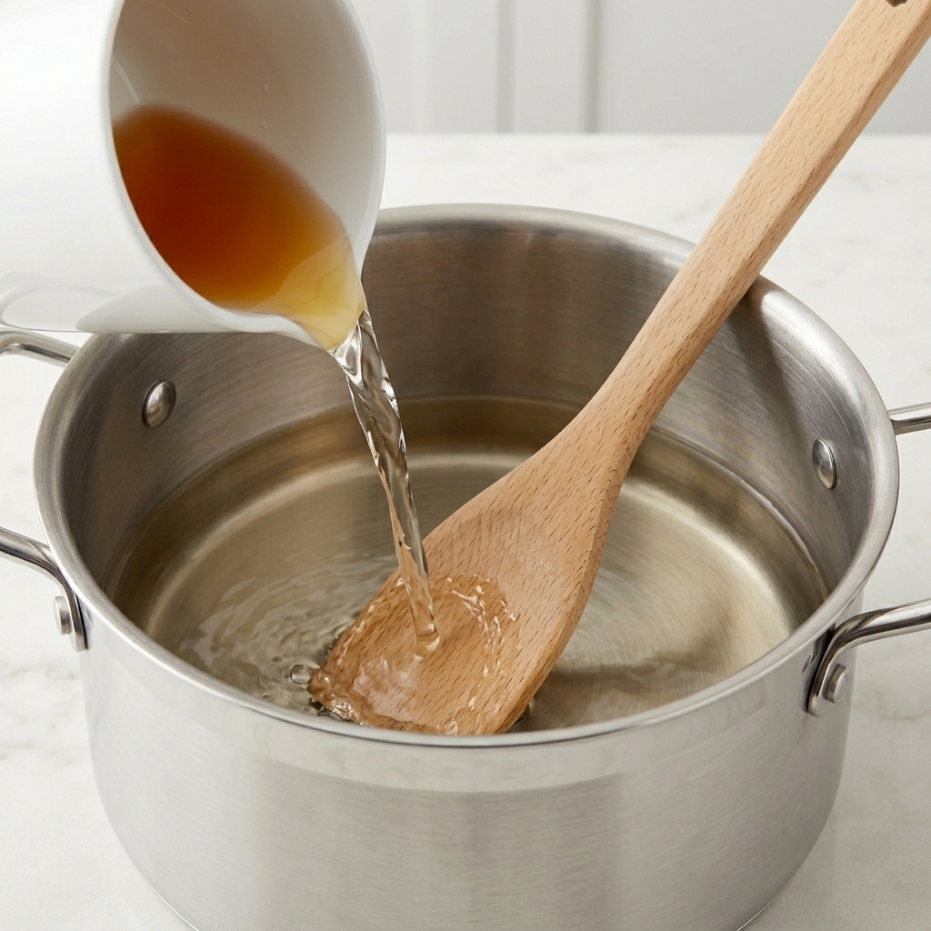 Du mirin ambré clair versé dans une casserole en acier inoxydable, touchant une cuillère en bois pour éviter les éclaboussures.