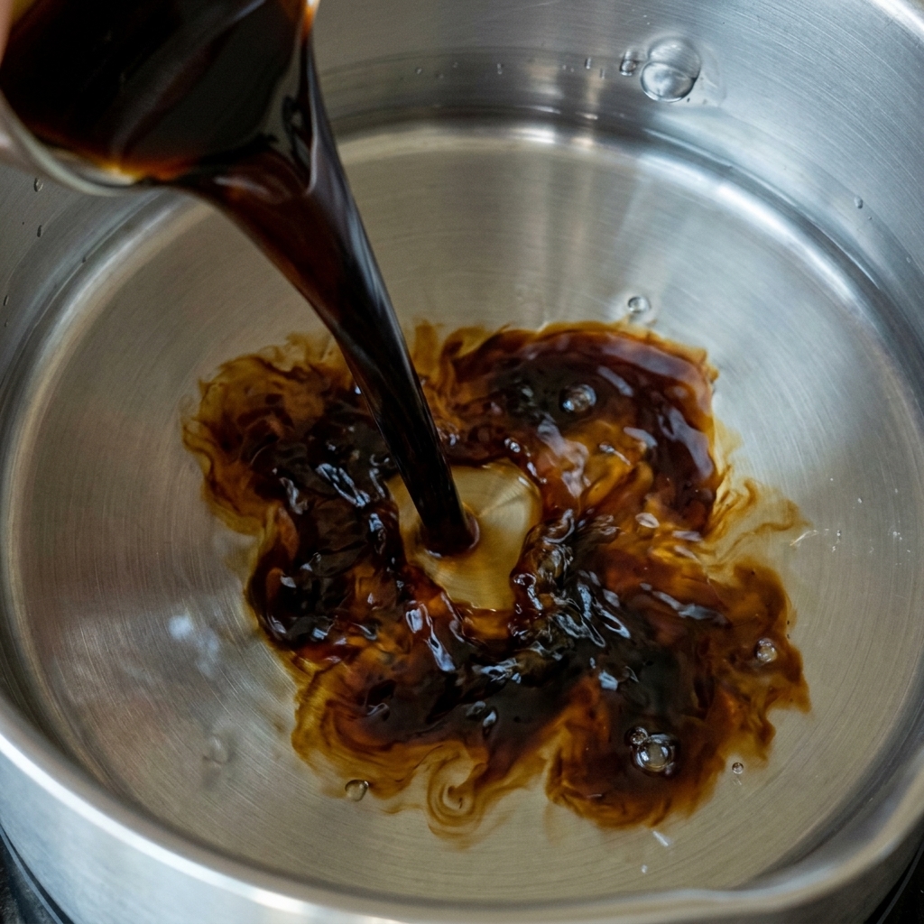 De la sauce soja foncée versée dans une casserole de liquide clair, créant des volutes sombres en se mélangeant.