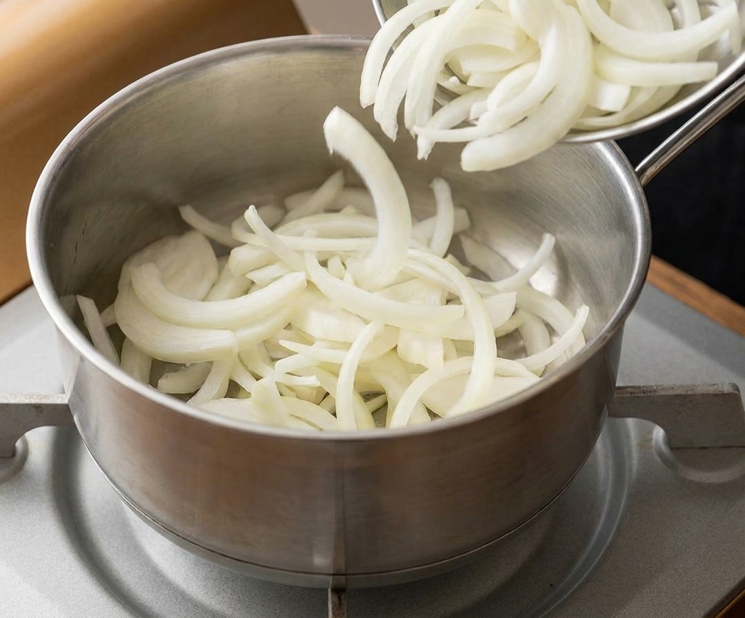 Des oignons blancs émincés versés depuis un bol en métal dans une casserole contenant une sauce sombre sur un réchaud portable.