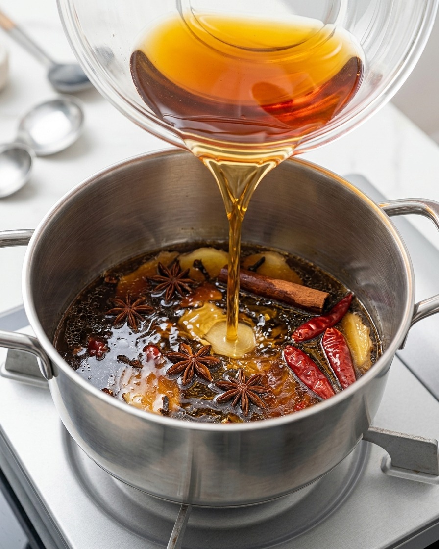 Un mélange liquide mélangé délicatement dans une casserole en acier inoxydable sur le feu.