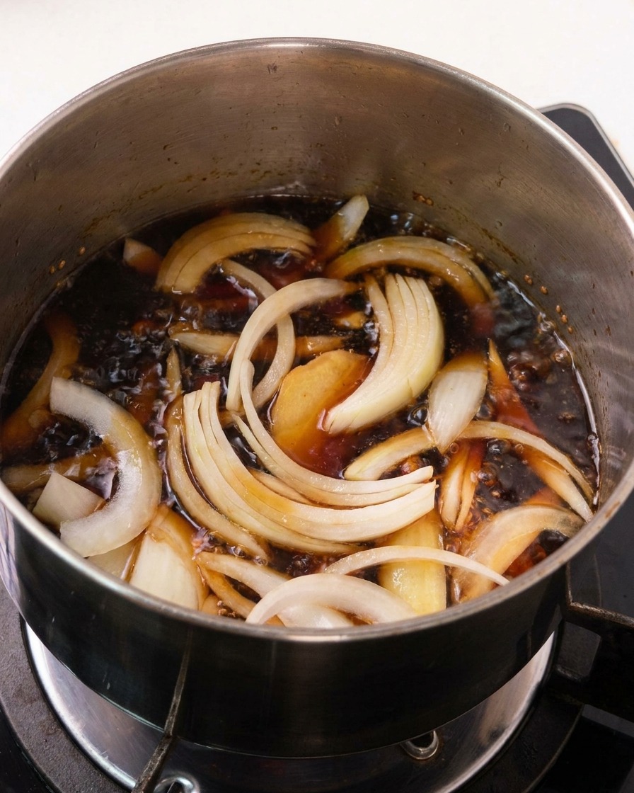 Des morceaux doignons et de la pulpe de gingembre incorporés dans une sauce sombre frémissante.