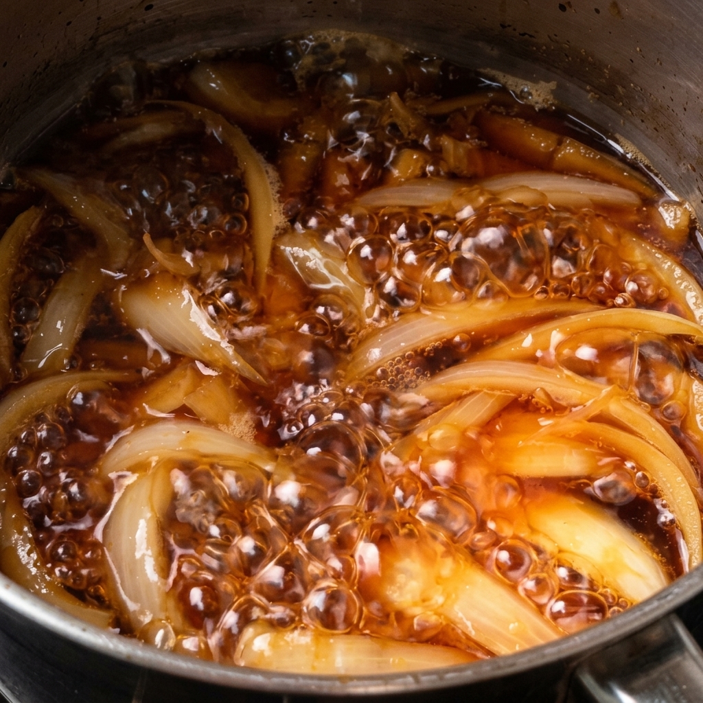 Gros plan sur des lamelles doignons bouillant doucement dans un bouillon brun et brillant.