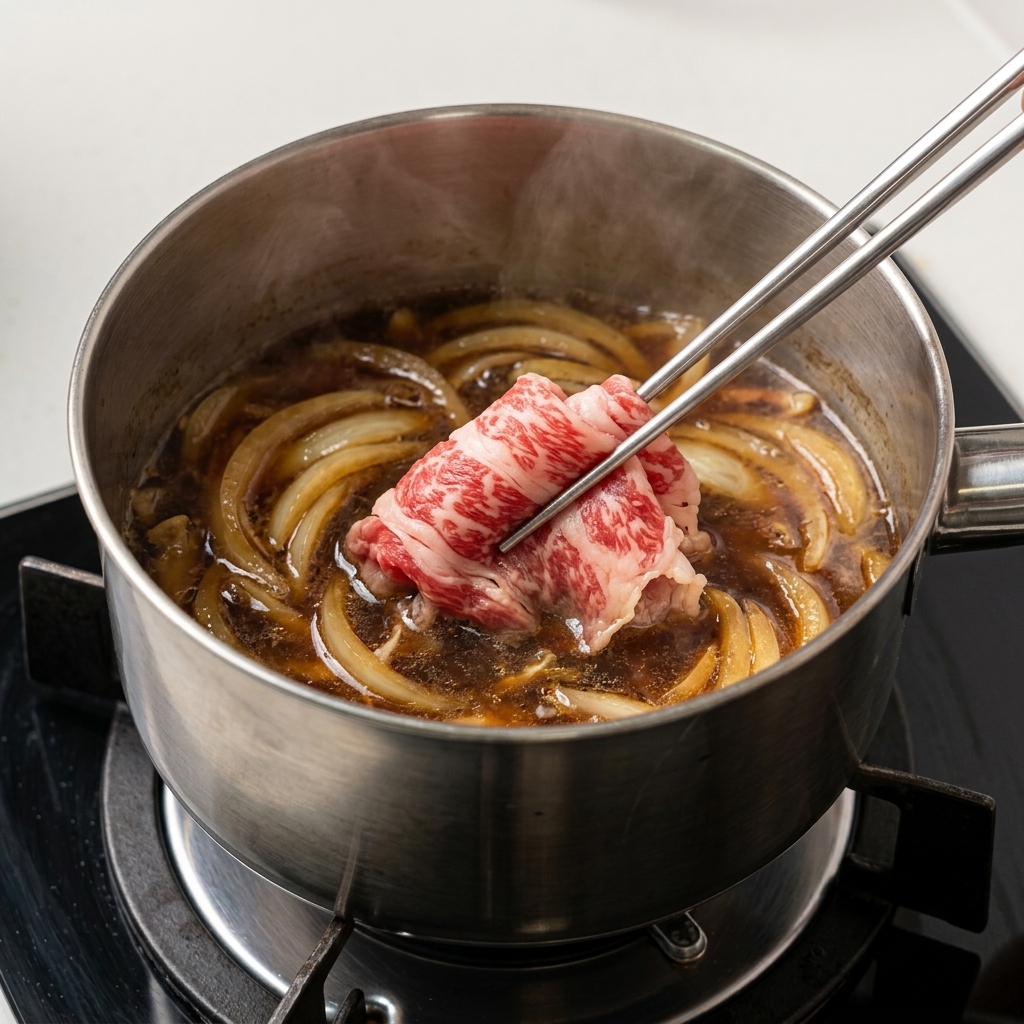 Des baguettes en métal plongeant de fines tranches de bœuf cru persillé dans la casserole doignons mijotés.