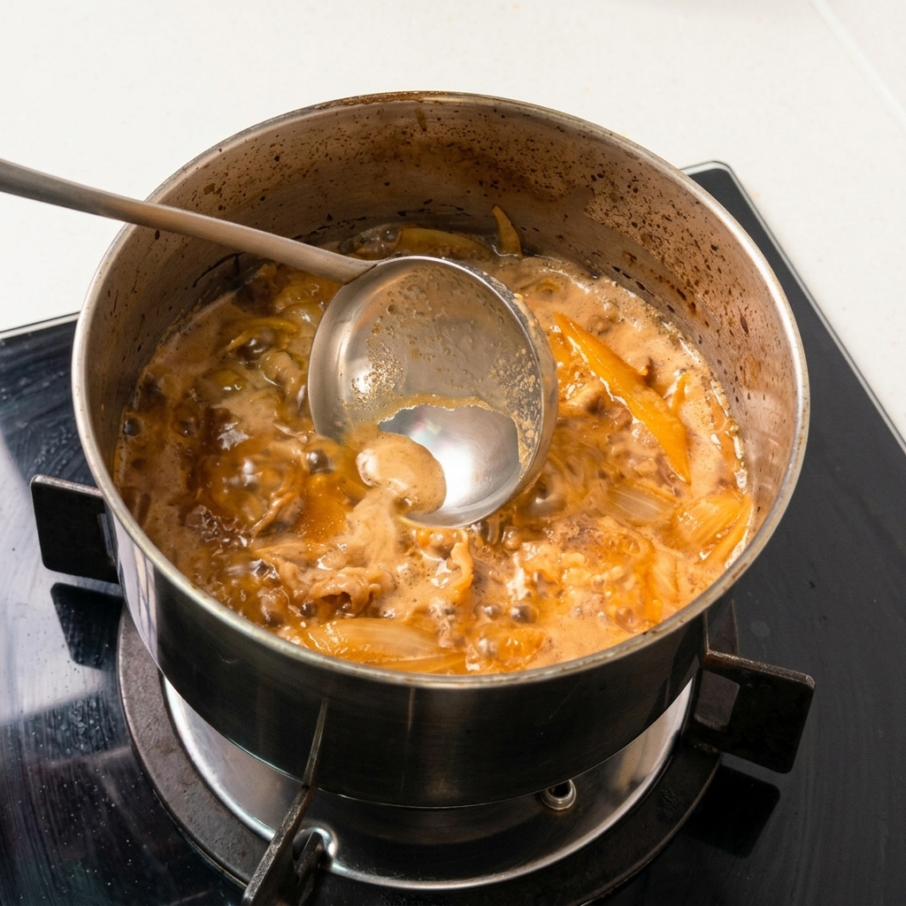 Une louche en métal retirant lécume grise à la surface dun bouillon de bœuf et doignons.