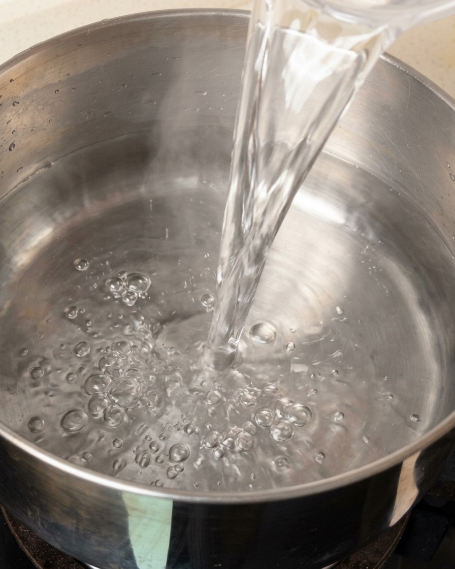 De leau fraîche versée dans une casserole en inox sur une plaque de cuisson.