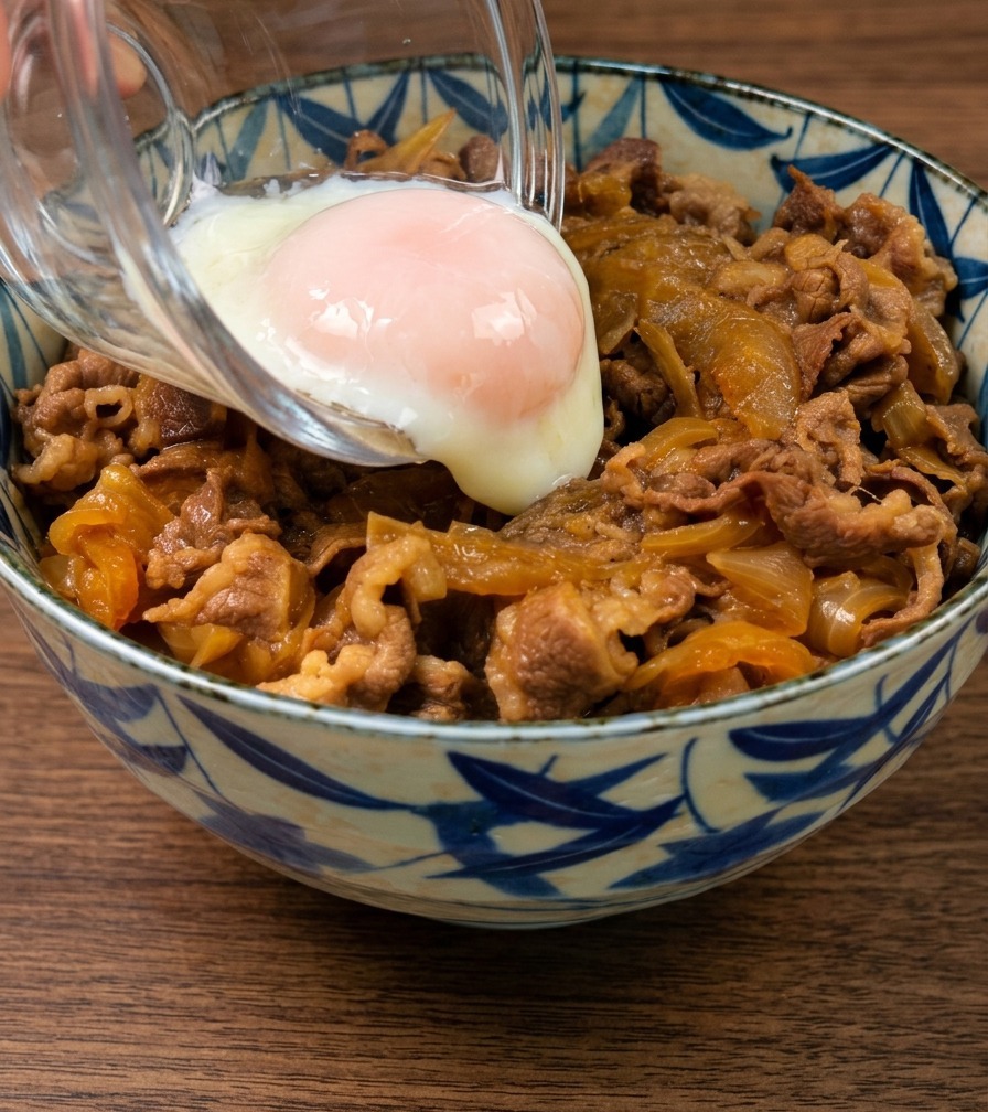 Un œuf onsen au blanc soyeux glissant délicatement dun petit bol pour couronner le riz au bœuf.