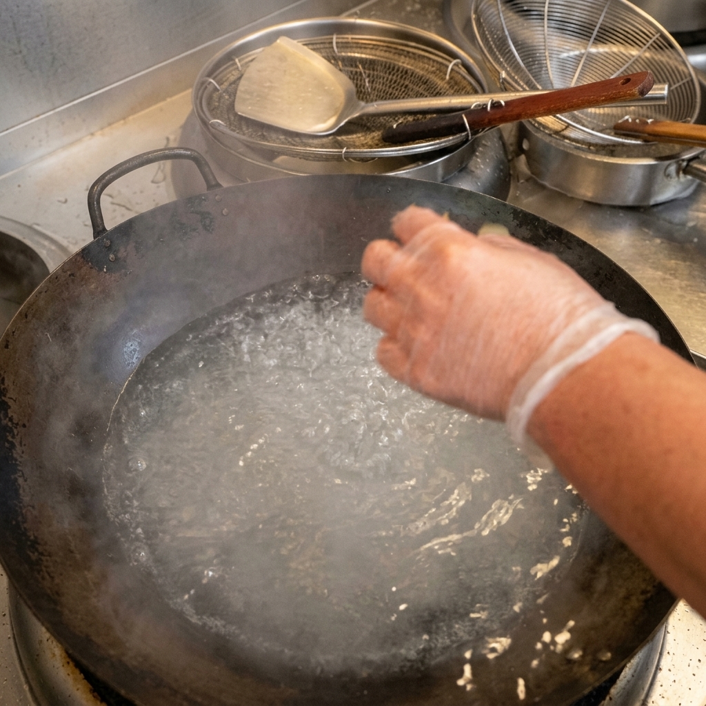 Une main gantée déposant une feuille de laurier dans un wok deau bouillante avec du beurre fondu.