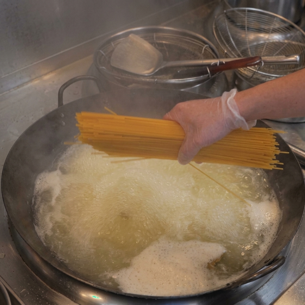 Une main gantée disposant les spaghetti en éventail dans un wok deau bouillante.