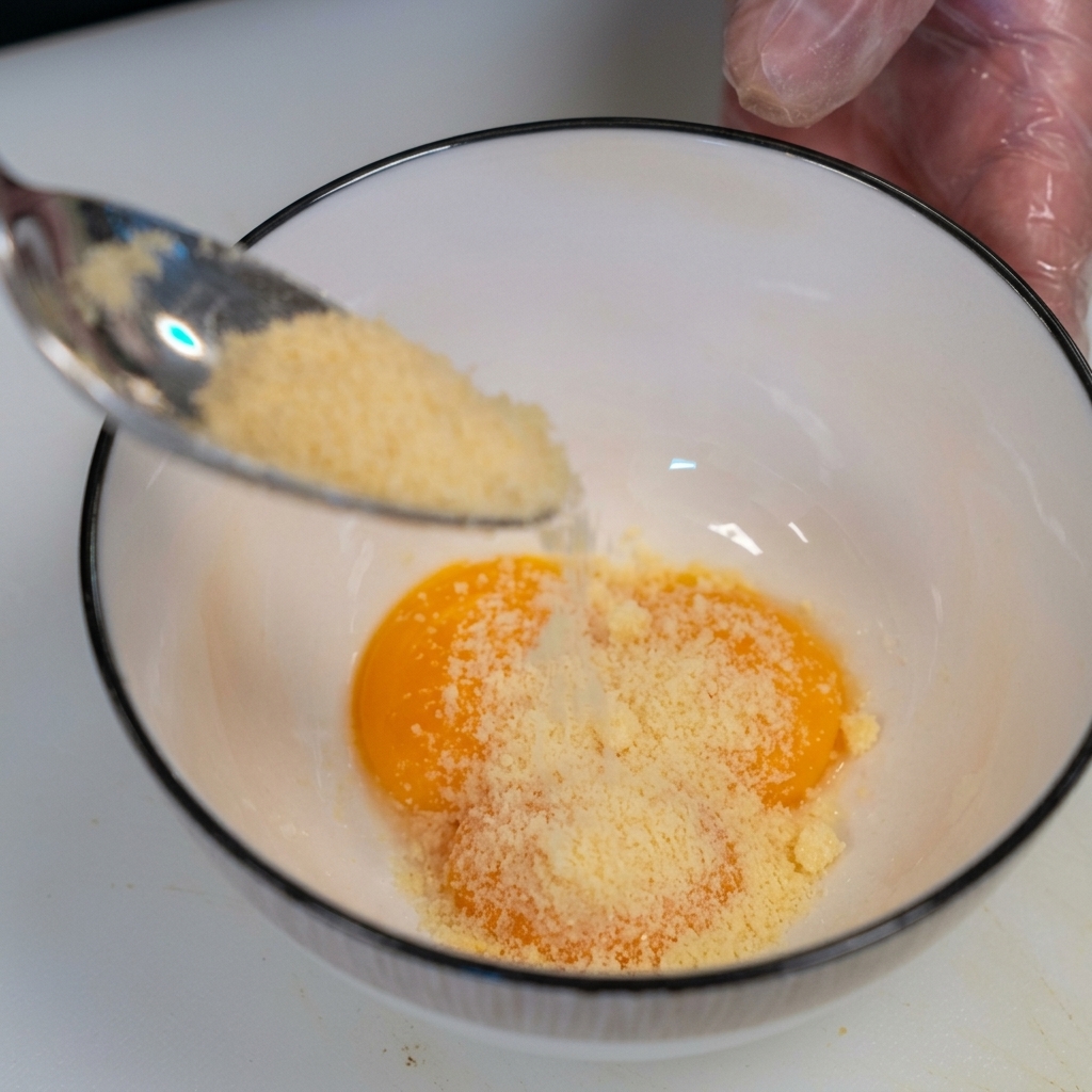 Une cuillère versant du fromage râpé dans un petit bol blanc contenant trois jaunes dœufs crus.