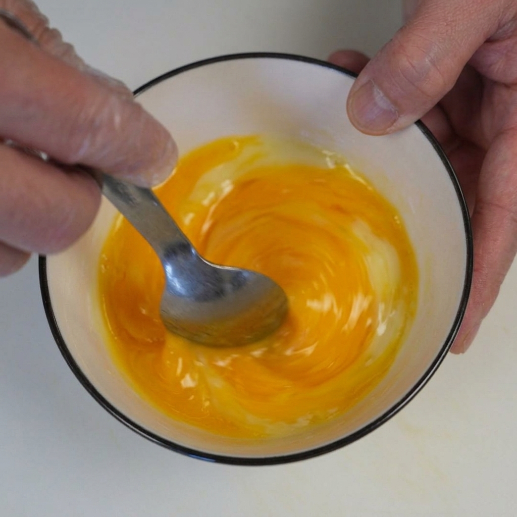 Mélange de jaunes dœufs crus et de fromage râpé dans un petit bol blanc avec une cuillère en métal.