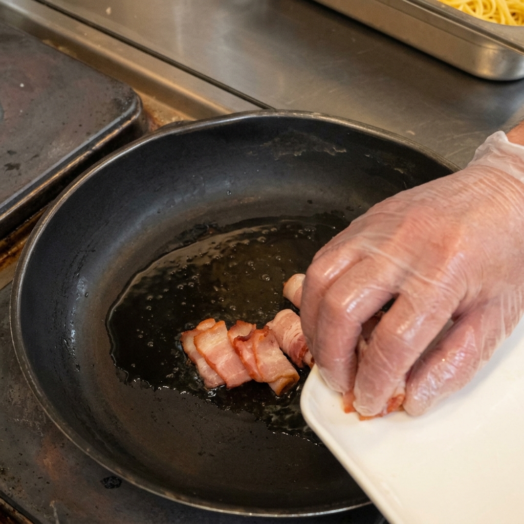Une main gantée faisant glisser des morceaux de bacon dune assiette blanche vers une poêle huilée.