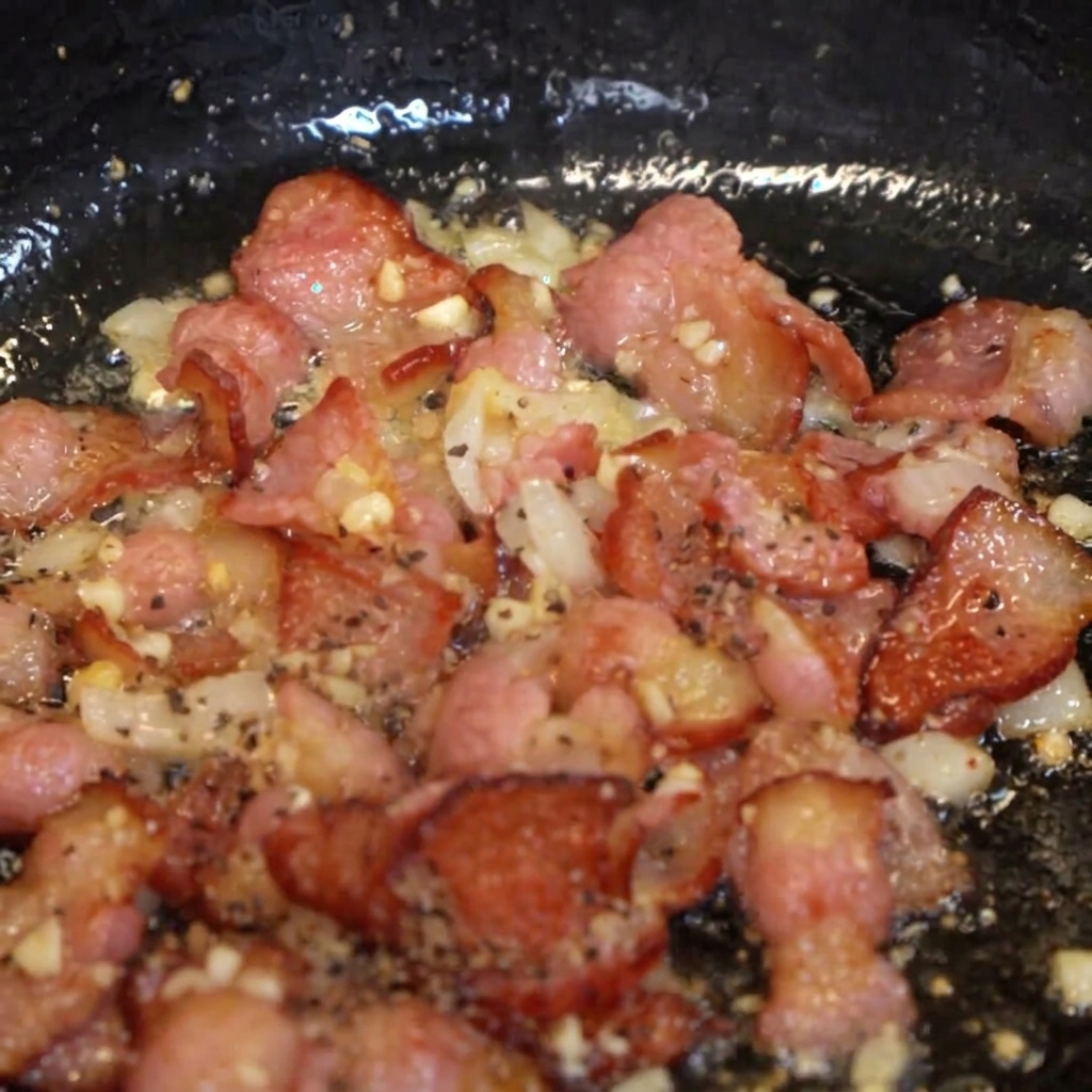 Lardons et oignons grésillants dans une poêle, assaisonnés de poivre noir concassé.
