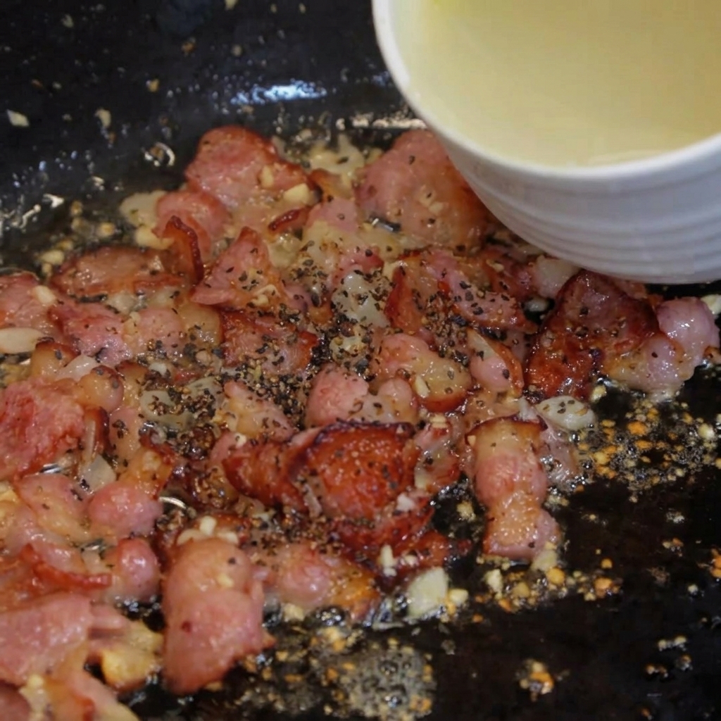 Verser un petit bol deau de cuisson trouble dans une poêle avec le bacon cuit.