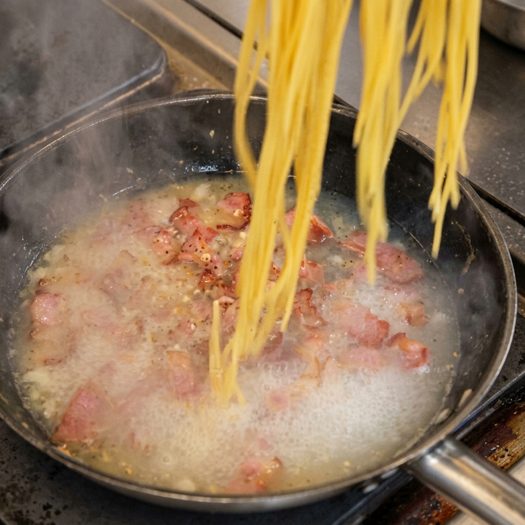 Brins de spaghetti cuits déposés dans une poêle de bacon et doignons grésillants.