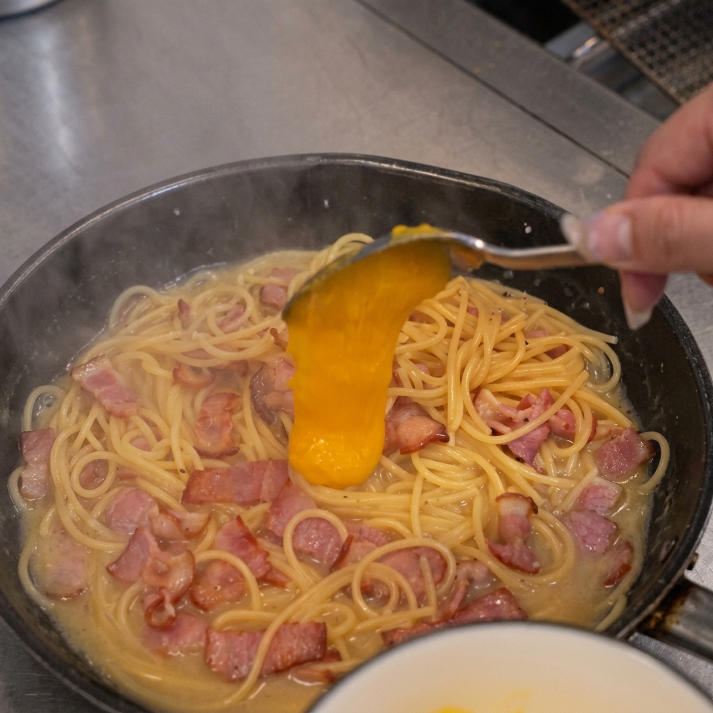 Versement dune sauce crémeuse aux jaunes dœufs sur une poêle de spaghetti et de lardons.