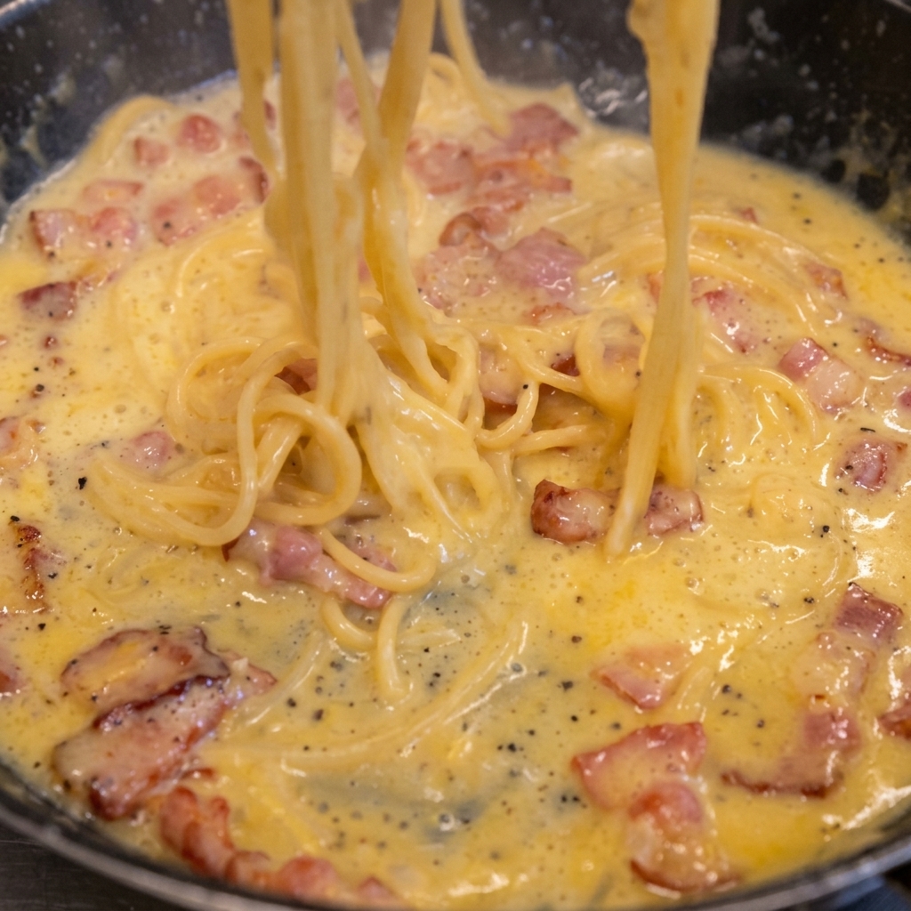 Spaghetti mélangés dans une poêle avec une sauce onctueuse aux jaunes dœufs et des morceaux de bacon croustillants.