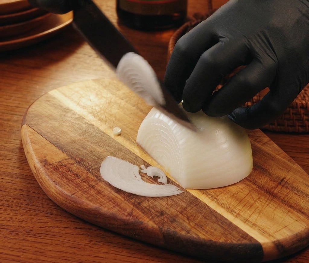 Une personne portant des gants noirs émince soigneusement un oignon blanc sur une planche à découper en bois.
