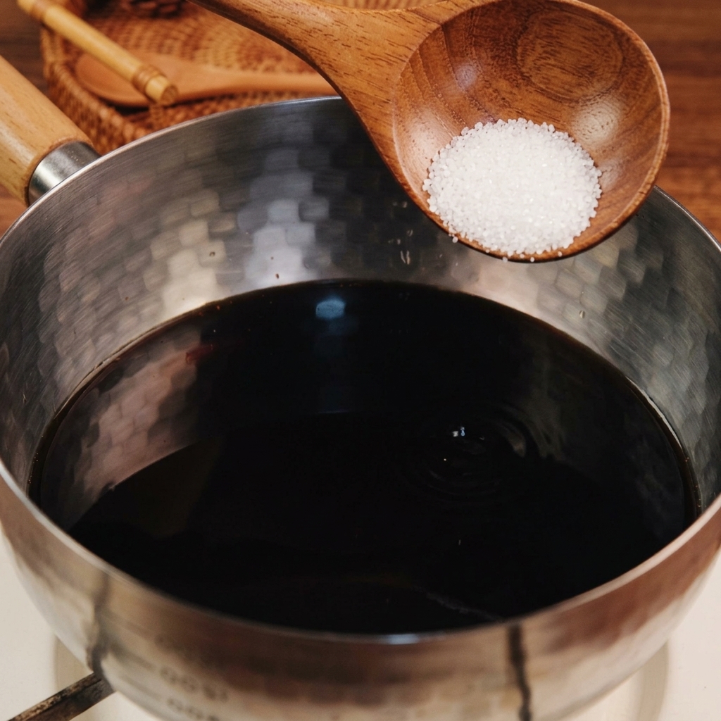 Une cuillère en bois contenant du sucre blanc en poudre est positionnée au-dessus dune casserole en acier inoxydable remplie dun liquide foncé.