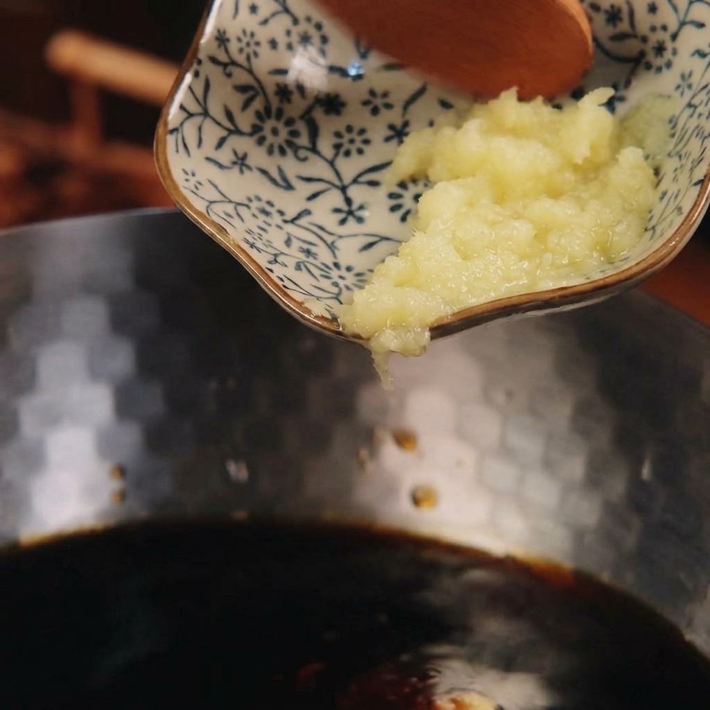 De la pâte de gingembre frais râpé est ajoutée à la sauce savoureuse depuis une petite coupelle en céramique à motifs floraux.