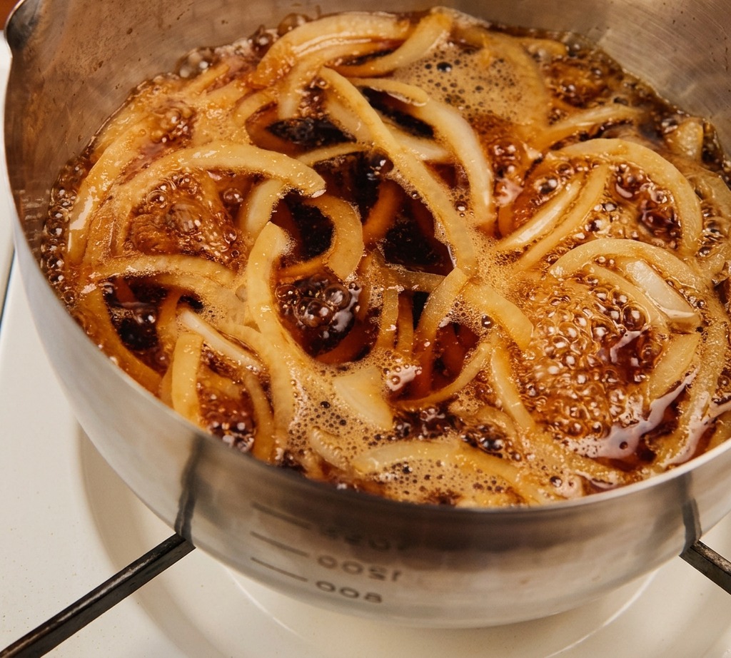 Une casserole en acier inoxydable remplie doignons émincés et de sauce foncée bout vigoureusement sur une flamme vive.