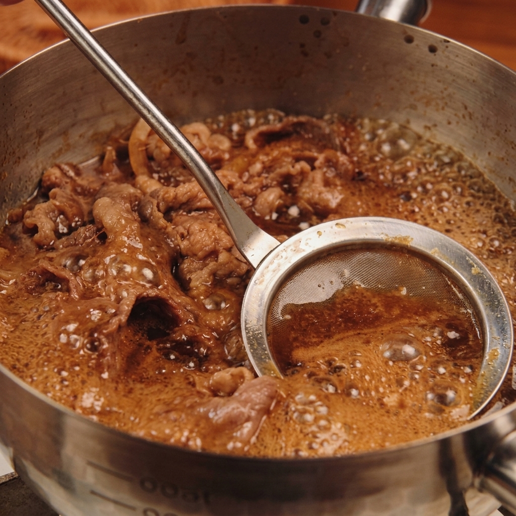 Un écumoire à mailles fines retire les impuretés brunes de la surface dune casserole bouillonnante de bœuf et de bouillon.