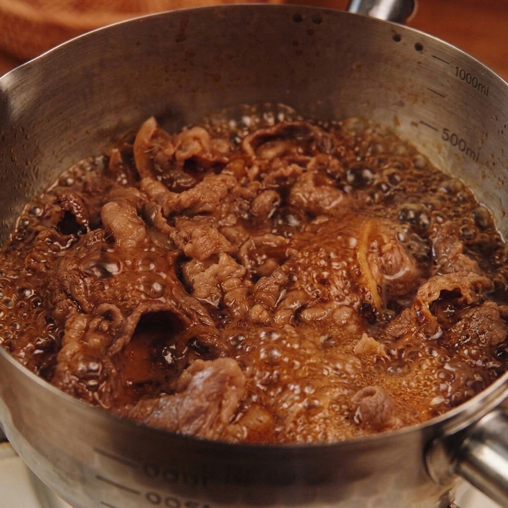 De fines tranches de bœuf cuit et des oignons translucides mijotent dans un bouillon brun foncé à lintérieur dune casserole métallique graduée.