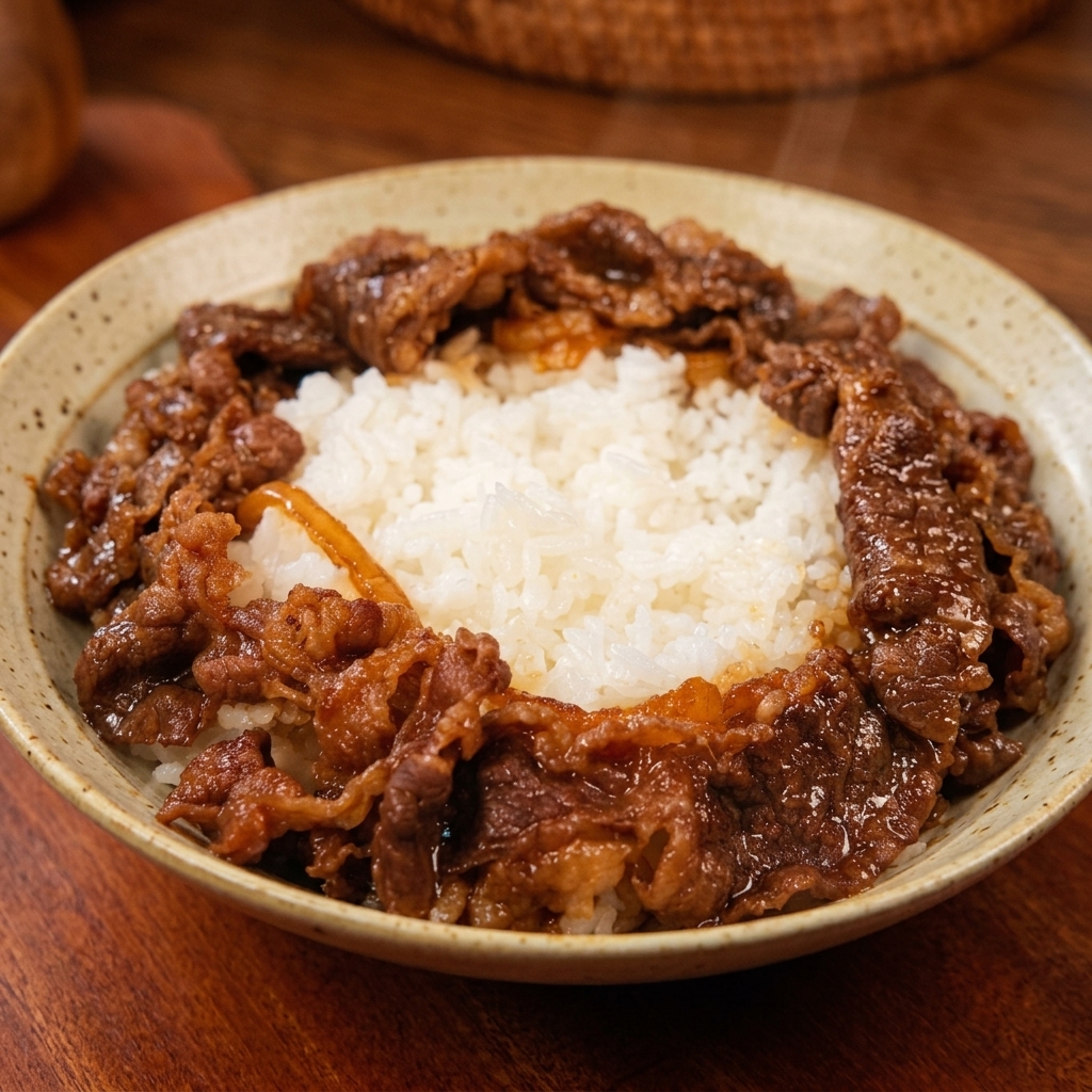 Des lamelles de bœuf cuit bien tendres sont soigneusement disposées en cercle sur un lit de riz blanc bien chaud, laissant le centre du bol dégagé.