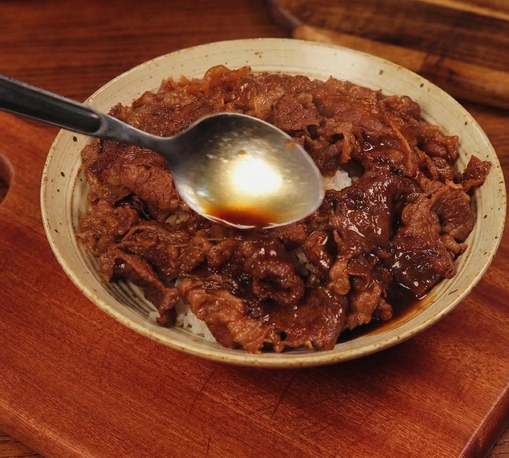 Gros plan sur une cuillère versant un bouillon de bœuf foncé et luisant sur un bol de fines tranches de bœuf cuit et de riz blanc.