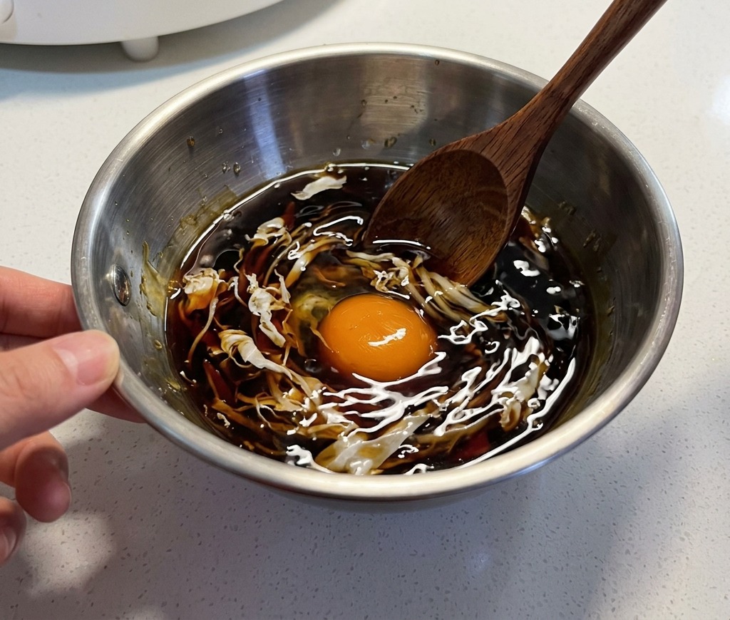 Cuillère en bois remuant une sauce umami foncée dans un bol à mélanger en métal.