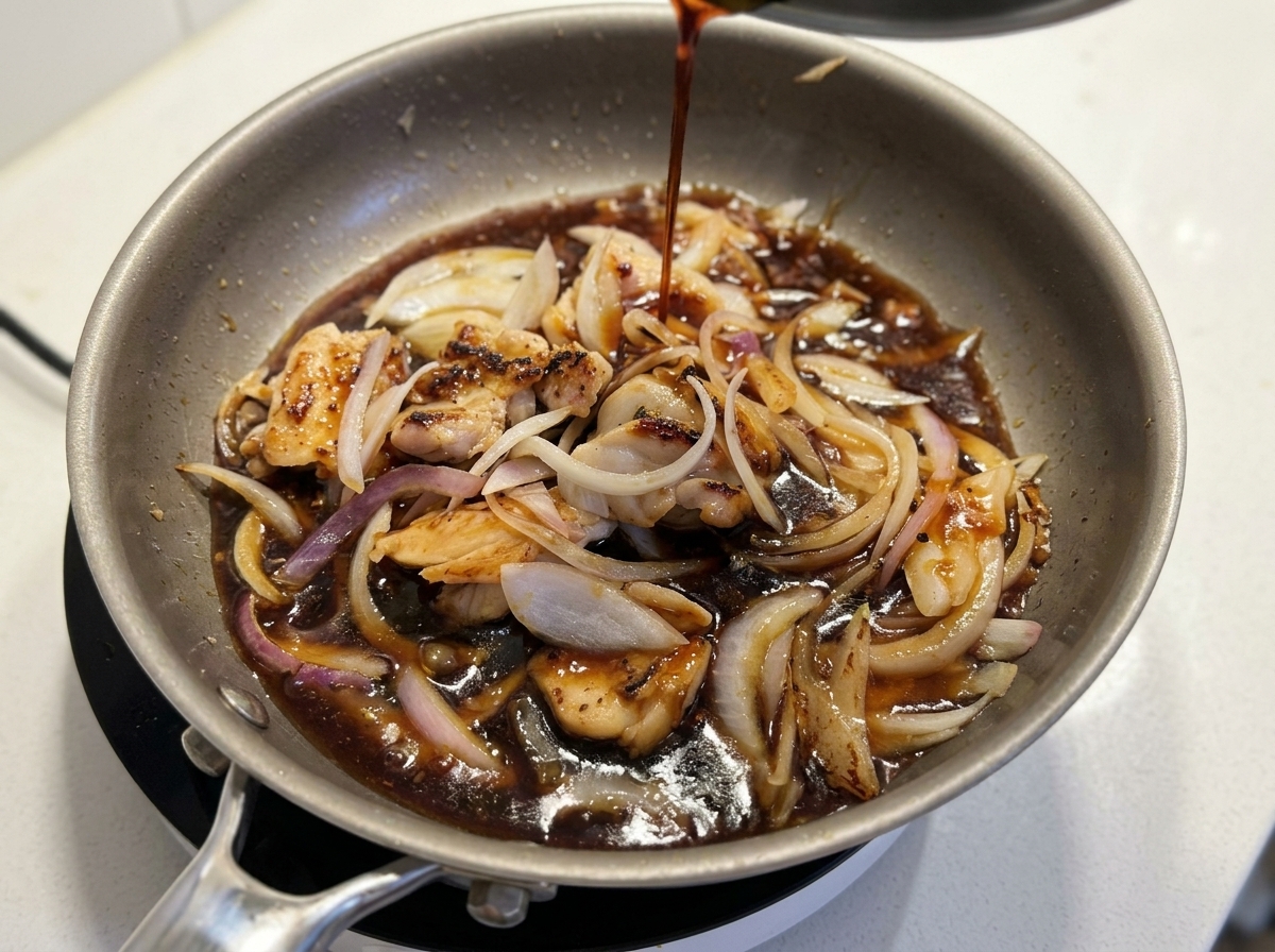 Sauce sombre à base de soja versée sur le poulet et les oignons rouges dans une poêle frémissante.
