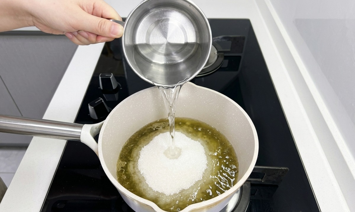 De leau versée depuis un mug en acier inoxydable dans une casserole contenant du cumin en poudre et des assaisonnements blancs.