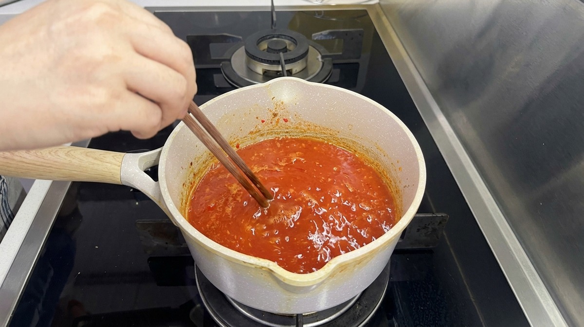 Une petite casserole de sauce rouge vif au piment et à lail qui mijote sur une cuisinière, remuée avec des baguettes en bois.