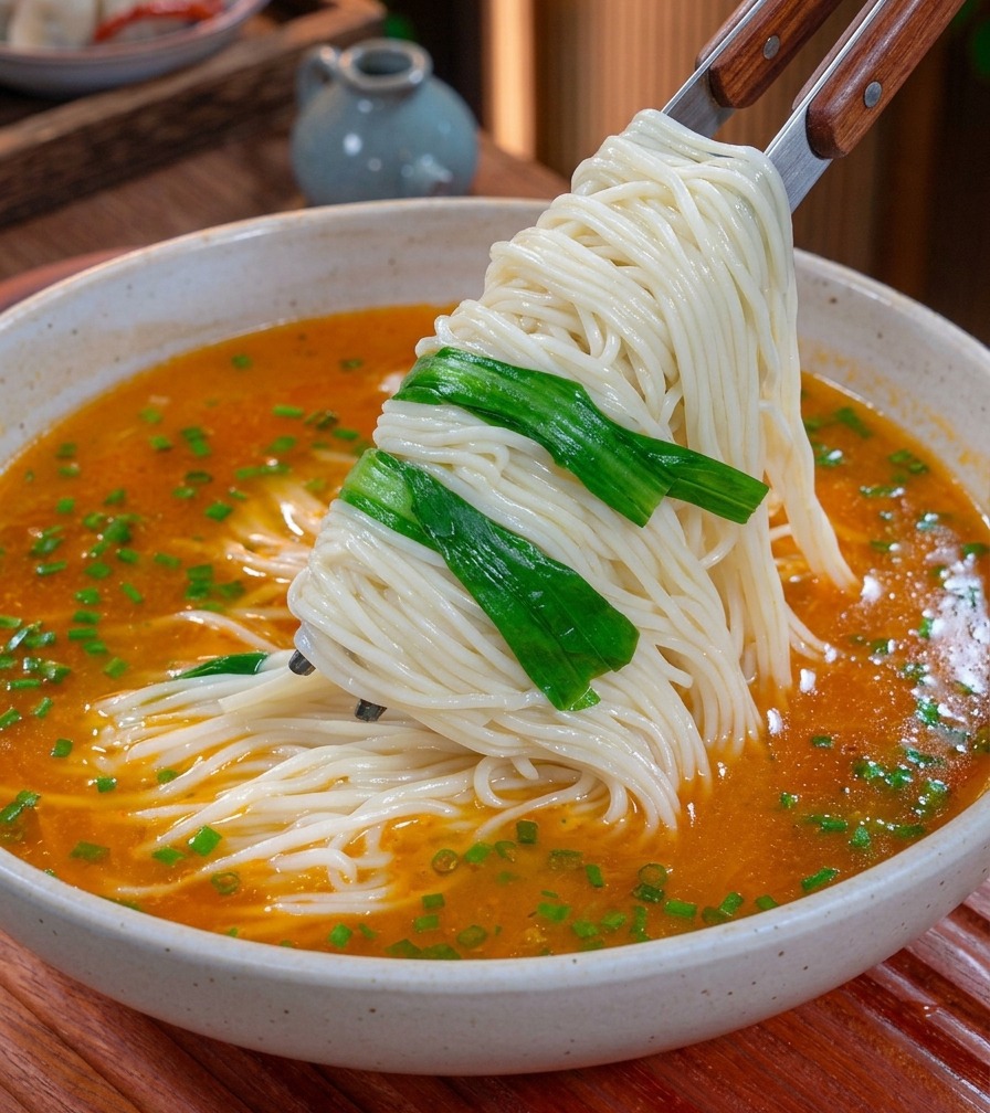 Un nid de nouilles blanches et des légumes verts blanchis soulevés avec des baguettes pour être déposés dans un bol de soupe orange.