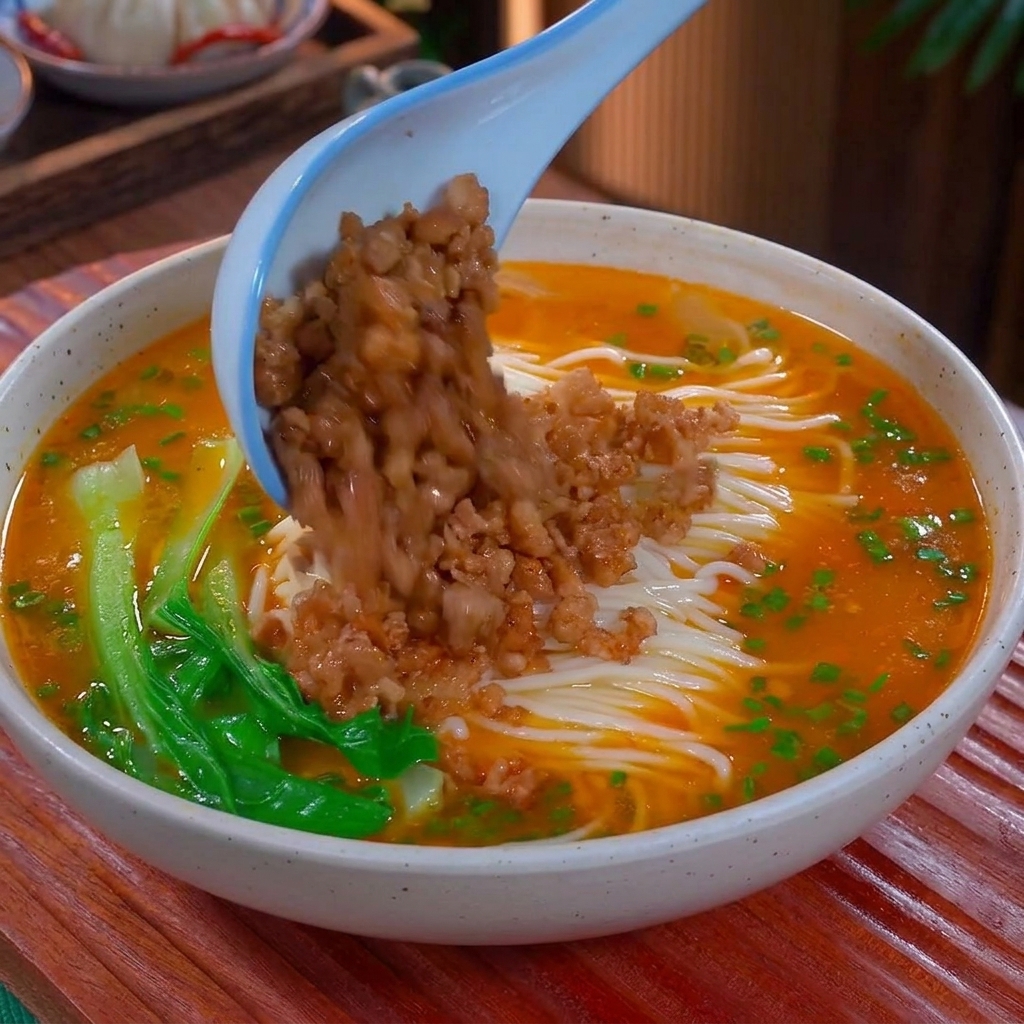 Une cuillère en céramique bleue versant une portion de viande hachée cuite dans un bol de nouilles au bouillon orange-rouge vif garni de bok choy.