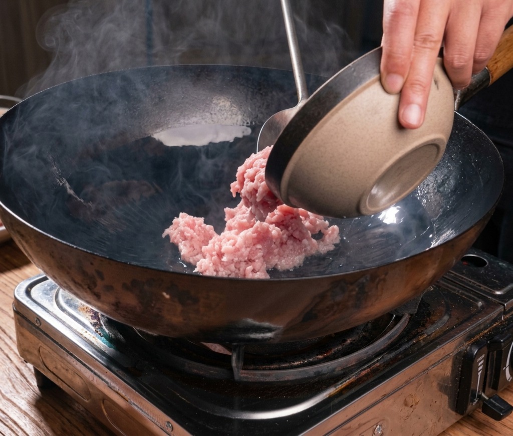Porc haché en train de rissoler dans un grand wok noir fumant, pendant que la graisse commence à fondre.