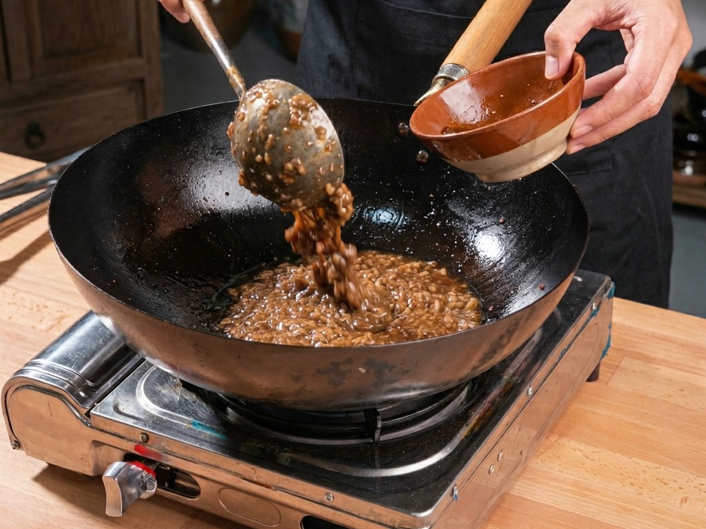 Ajout de pousses de légumes foncées finement hachées depuis un bol en terre cuite dans un wok de viande rissolée.